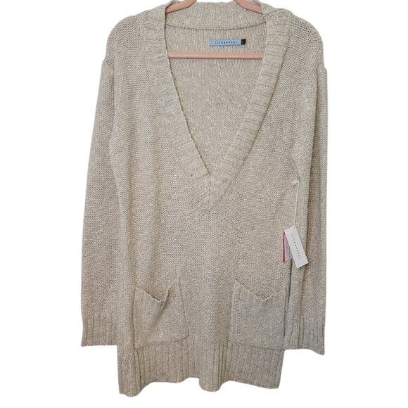NWT Lily Mcneal Deep V Chunky Knit Woven Linen Blend Sweater - Picture 1 of 7